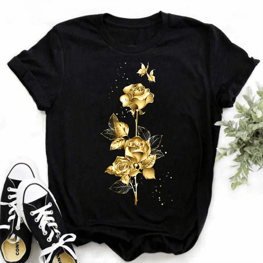 Plus Size New Fashion Gold Rose Print Women T Shirt Harajuku Short Sleeves Tshirts Casual O-neck Top Tee Black T-shirt - Tamnz