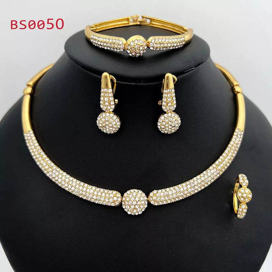 Dubai Gold Plated Jewelry Set Vintage Round Charm Rhinestone Necklace Bracelet Earring Ring For Wedding Bride Women Jewelry Sets - Tamnz
