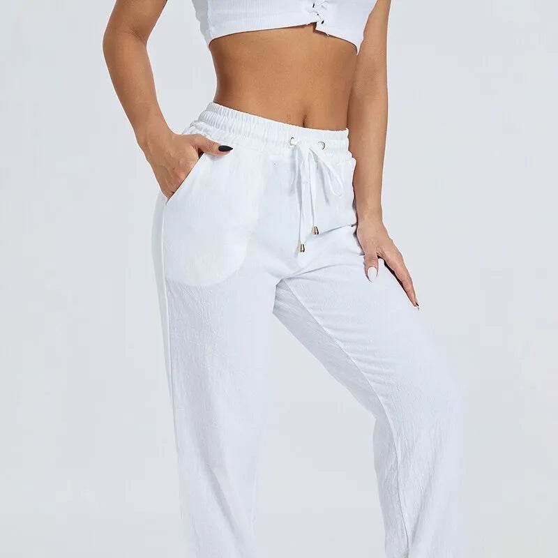 Womens Loose Trousers Casual Solid Color Wide Leg Trousers Drawstring Design Fashion Pants - Tamnz