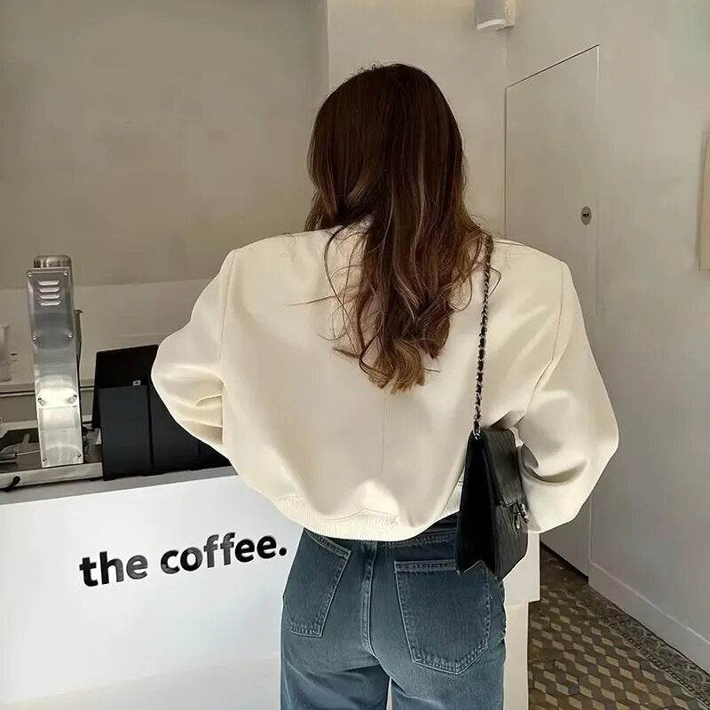 Women Fashion Bomber Jackets with Big Pockets Cropped Spring Amtumn Female Vintage Coat Long Sleeve Front Button Female Outerwea - Tamnz