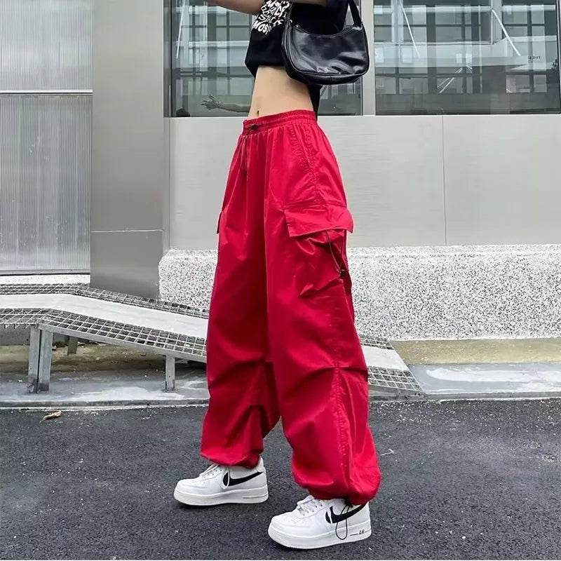 Women Y2K Cargo Pants Casual Harajuku Low Waist Drawstring Sweatpant Solid Drawstring Parachute Trousers Oversized Pants Jogger - Tamnz