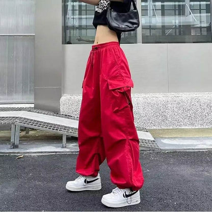Women Y2K Cargo Pants Casual Harajuku Low Waist Drawstring Sweatpant Solid Drawstring Parachute Trousers Oversized Pants Jogger - Tamnz