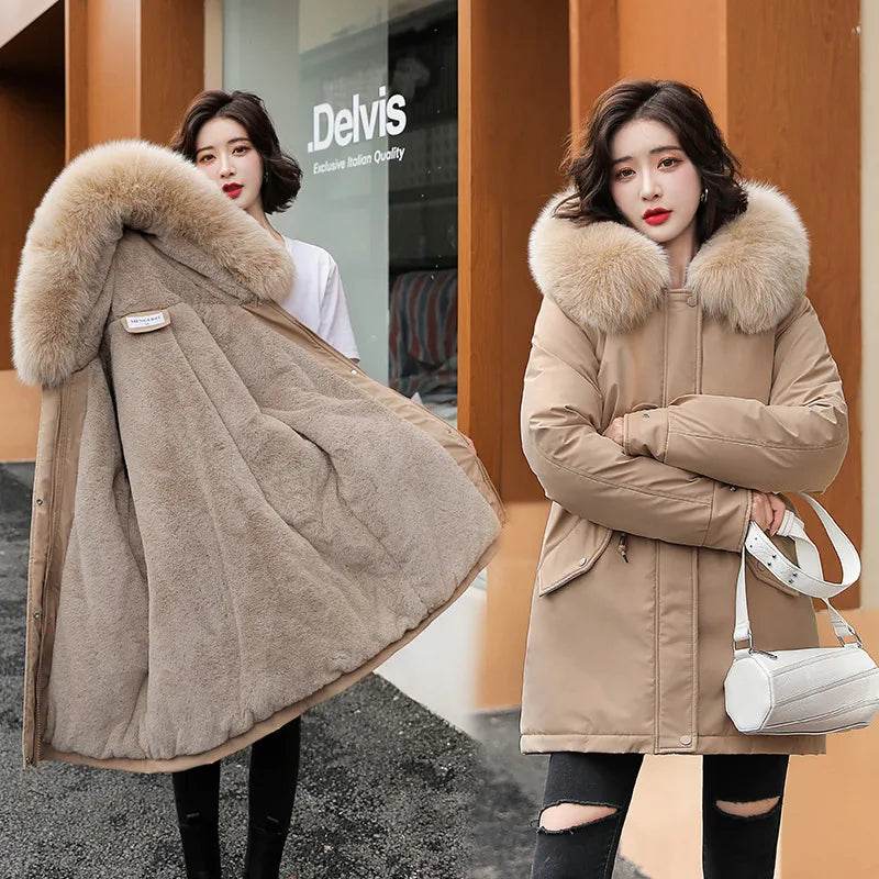 Women Parka Fashion Long Coat Wool Liner Hooded Parkas Winter Jacket Slim with Fur Collar Warm Snow Wear Padded - Tamnz