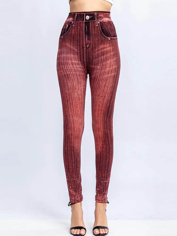 Gym Leggins High Waist Elastic Butterfly Pritned Pencil Pants Faux Denim Leggings Female New Design Hot Sale - Tamnz