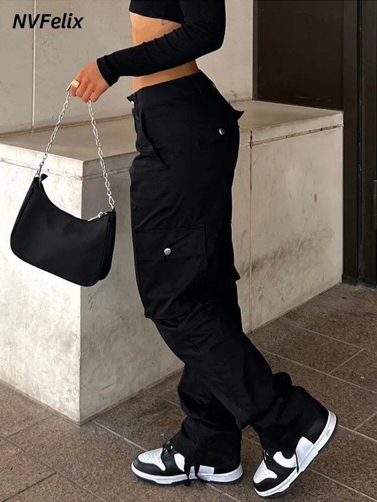 Summer Womens Vintage Grey Cargo Pants High Waist Wide Leg Jeans Baggy Casual Fashion Multiple Pockets Mom Hip Hop Street Style - Tamnz