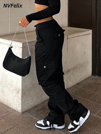 Summer Womens Vintage Grey Cargo Pants High Waist Wide Leg Jeans Baggy Casual Fashion Multiple Pockets Mom Hip Hop Street Style - Tamnz