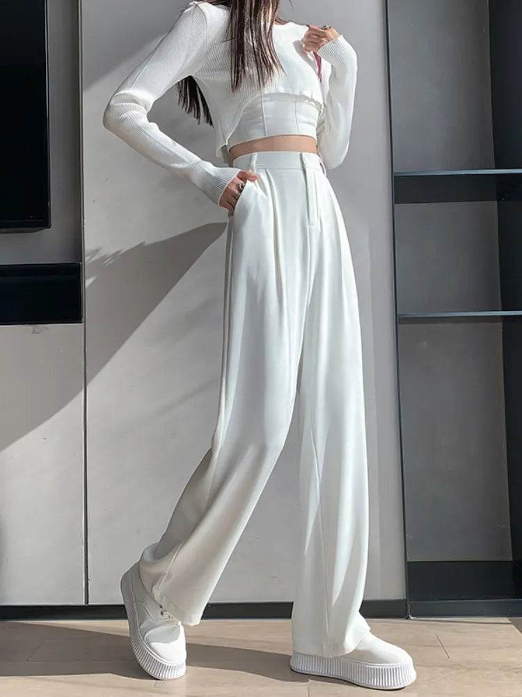 Casual High Waist Loose Wide Leg Pants for Women Spring Autumn New Female Floor-Length White Suits Pants Ladies Long Trousers - Tamnz
