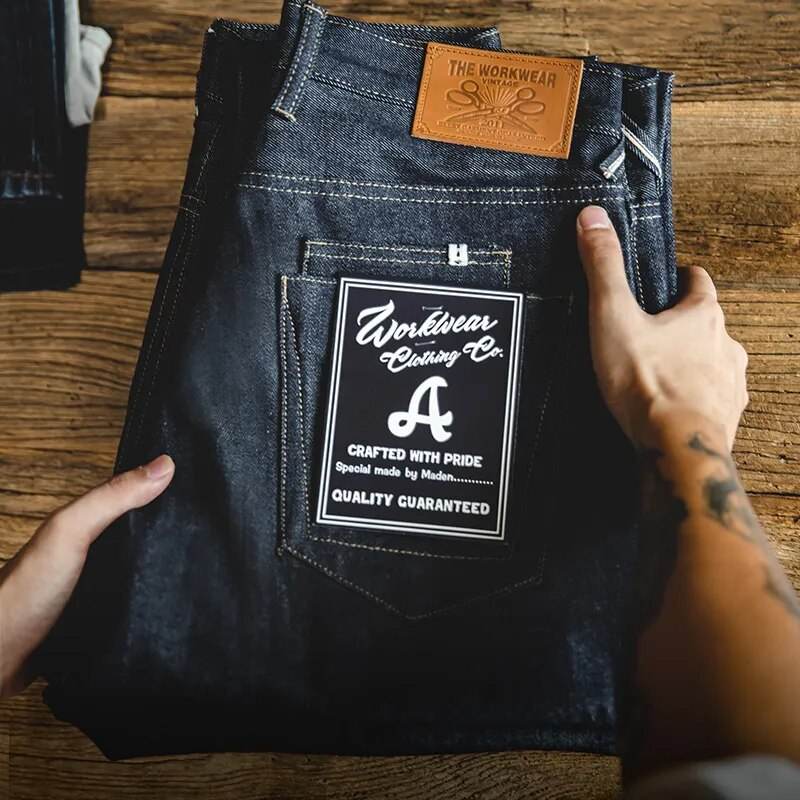 Maden Vintage Denim Jeans Washed Straight Pants Mid Waist for Men 13.5 Oz Heavy Weight Indigo Selvage Jeans Double Layer Pockets - Tamnz