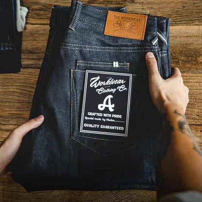 Maden Vintage Denim Jeans Washed Straight Pants Mid Waist for Men 13.5 Oz Heavy Weight Indigo Selvage Jeans Double Layer Pockets - Tamnz
