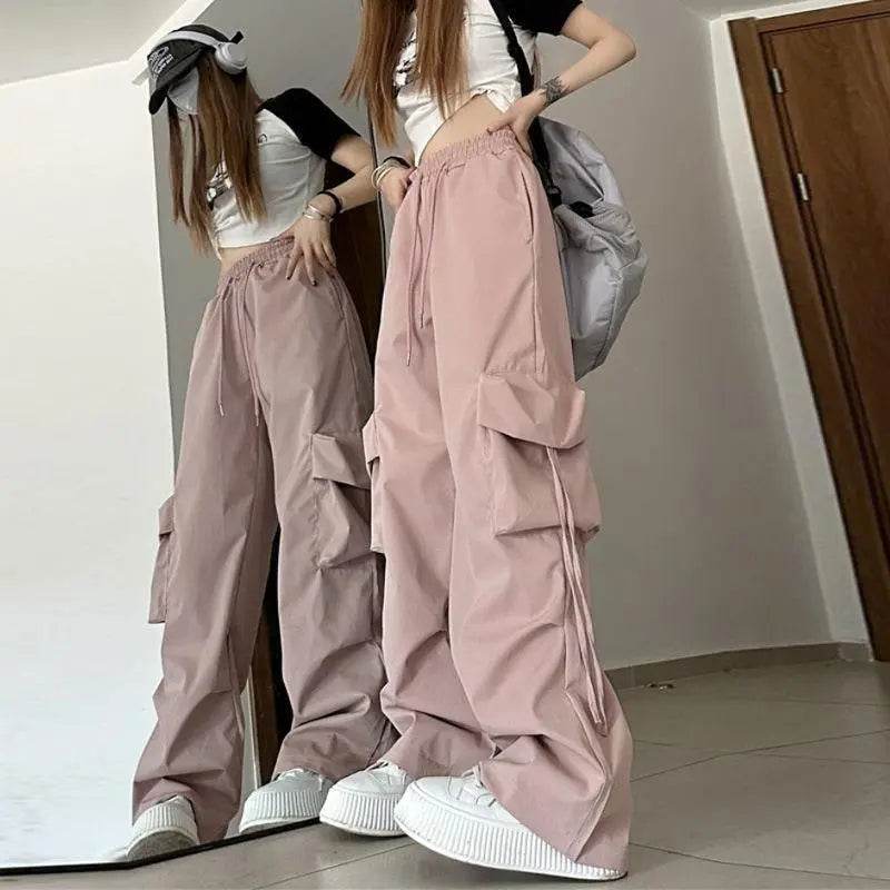 Women Big Pockets Cargo Pants Y2k High Elastic Waist Drawstring Baggy Trousers Vintage Casual Loose Side Zipper Straight Pants - Tamnz