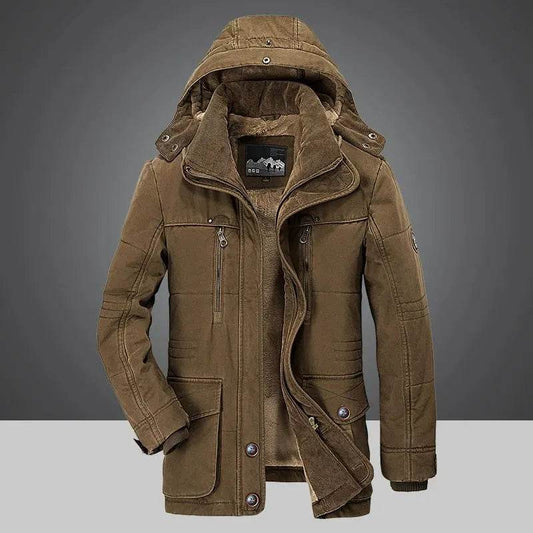 Men's Winter Jacket Plus Velvet Thick Warm Multi Pocket Jackets Solid Parkas Male Coat - Tamnz