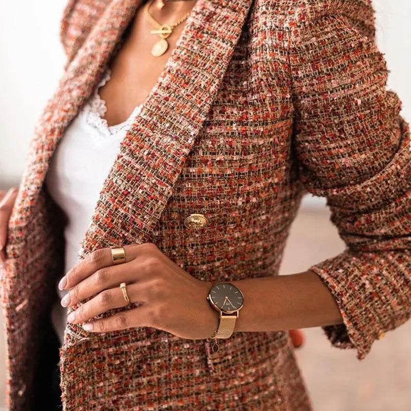 Women Jacket Autumn Traf Fashion Double Breasted Tweed Blazer Coat Vintage Long Sleeve Female Outerwear Chic Top - Tamnz