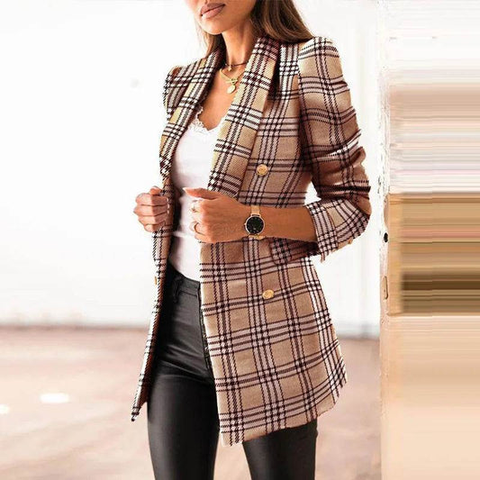 Women Jacket Autumn Traf Fashion Double Breasted Tweed Blazer Coat Vintage Long Sleeve Female Outerwear Chic Top - Tamnz