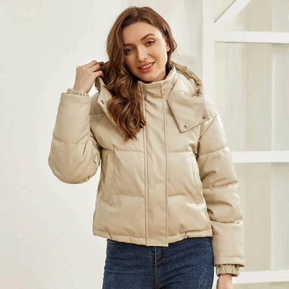 Women Winter Vintage Faux Leather Loose Hooded Pockets Cotton Jackets Fashion Warm Thick PU Parkas Female Outerwear Tops - Tamnz