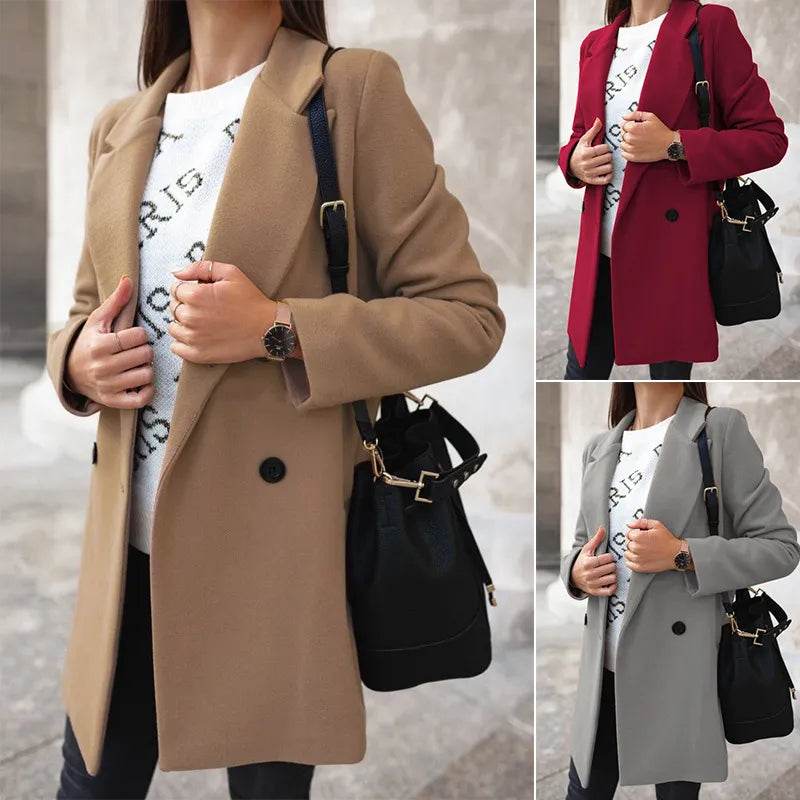 Autumn/Winter Women's Long Sleeve Woolen Coat Solid Color Suit Collar Double Breasted Long Woolen Coat - Tamnz