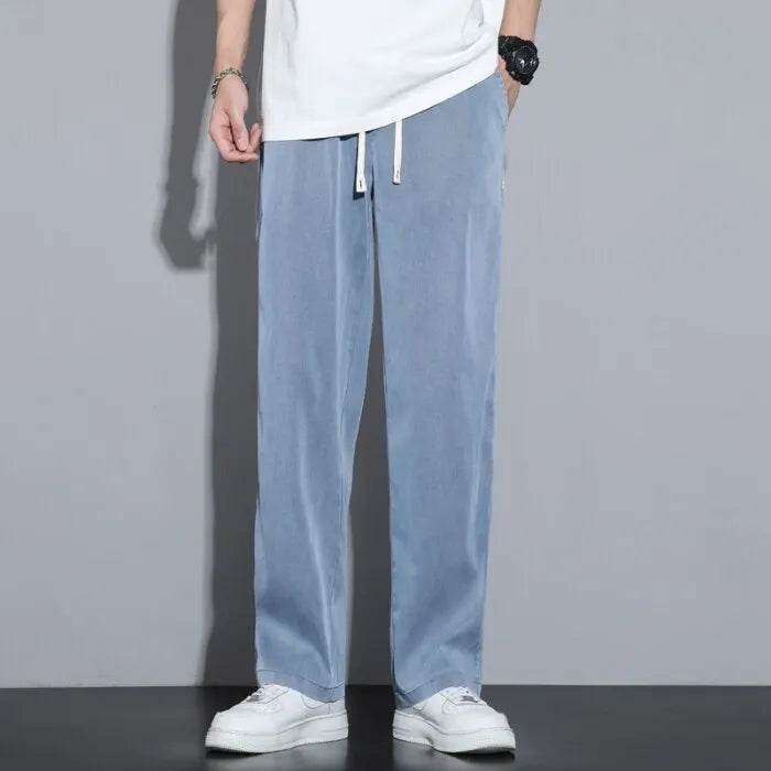 Summer Soft Lyocell Fabric Men's Jeans Thin Loose Straight Pants Drawstring Elastic Waist Korea Casual Trousers Plus Size M-5XL - Tamnz