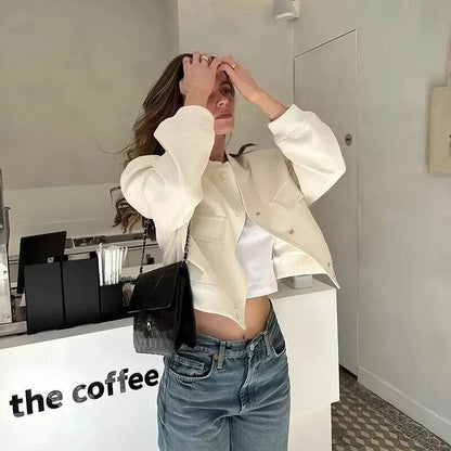 Women Fashion Bomber Jackets with Big Pockets Cropped Spring Amtumn Female Vintage Coat Long Sleeve Front Button Female Outerwea - Tamnz