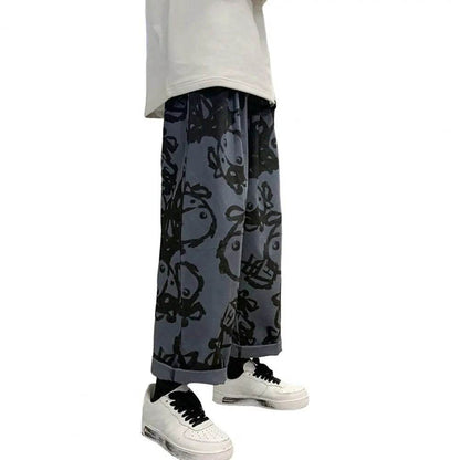 Mid-rise Elastic Waistband Drawstring Pockets Men Pants Cartoon Print Straight Wide Leg Pants Streetwear - Tamnz