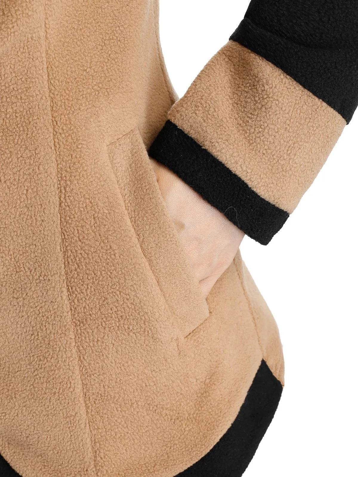 Fashion Two Tone Fleece Jacket Colorblock Wide-waisted Full Sleeve Warm Coat For Fall,Spring,Winter - Tamnz