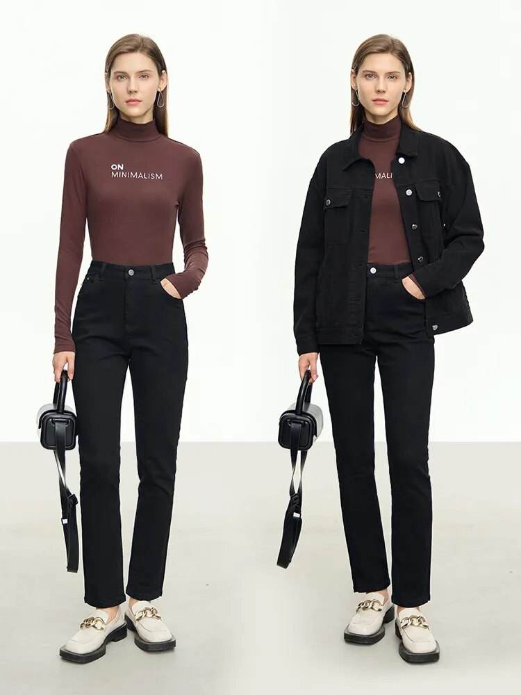 AMII Minimalism 2023 Jeans For Women New Cotton Elastic Denim Bottom Split Waist Pencil Pants Autumn Slim Black Pants 12323099 - Tamnz