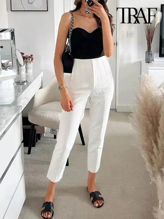 Women Fashion With Pockets Casual Basic Solid Pants Vintage High Waist Zipper Fly Female Ankle Trousers Pantalones Mujer - Tamnz