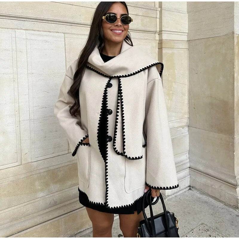 Contrast Single Breasted Women Coat With Scarf Long Sleeve Oversized Loose Tassles Jacket Autumn Winter Fashion Casual Tops - Tamnz