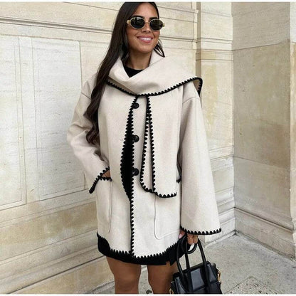 Contrast Single Breasted Women Coat With Scarf Long Sleeve Oversized Loose Tassles Jacket Autumn Winter Fashion Casual Tops - Tamnz