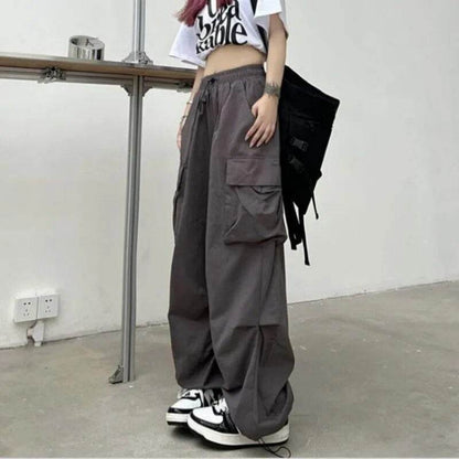 Womens Elastic Waist Loose Retro Overalls Casual Pants Womens Summer Allmatch Straight Drape Trousers Loose Wideleg Pants - Tamnz