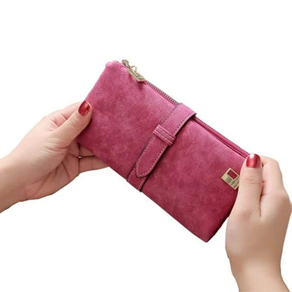 Solid Drawstring Nubuck Leather Zipper Long Women Wallet Phone Bag Luxury Brand Wallets Designer Purse Card Holder Clutch - Tamnz