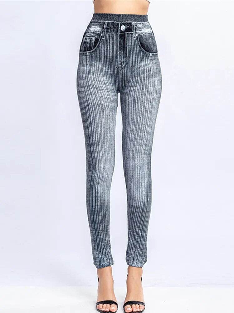 Gym Leggins High Waist Elastic Butterfly Pritned Pencil Pants Faux Denim Leggings Female New Design Hot Sale - Tamnz