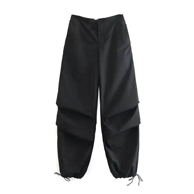 Womens Fashion Parachute Cargo Pants-Vintage Jogging Trousers with High Elastic Waist-Female Chic Lady Boot Cut - Tamnz