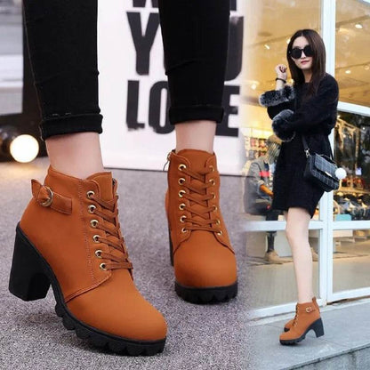 Spring Winter Women Pumps Boots High Quality Lace-up European Ladies Shoes PU High Heels Boots Fast Delivery - Tamnz
