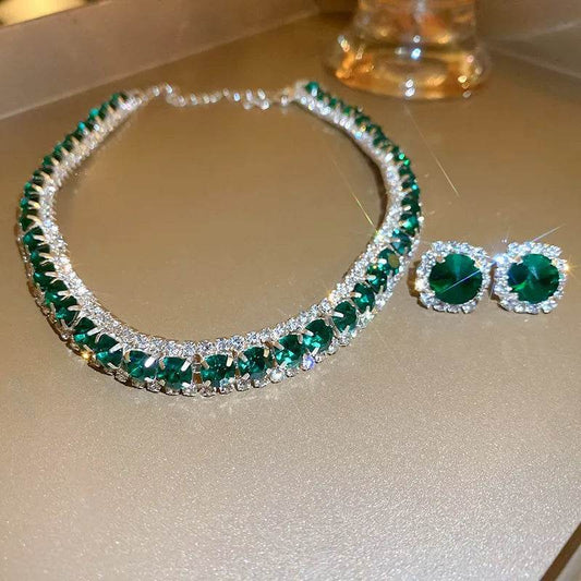 Luxury Necklace Earrings Sets Green Crystal Necklace Women Weddings Bride Jewelry Accessories - Tamnz