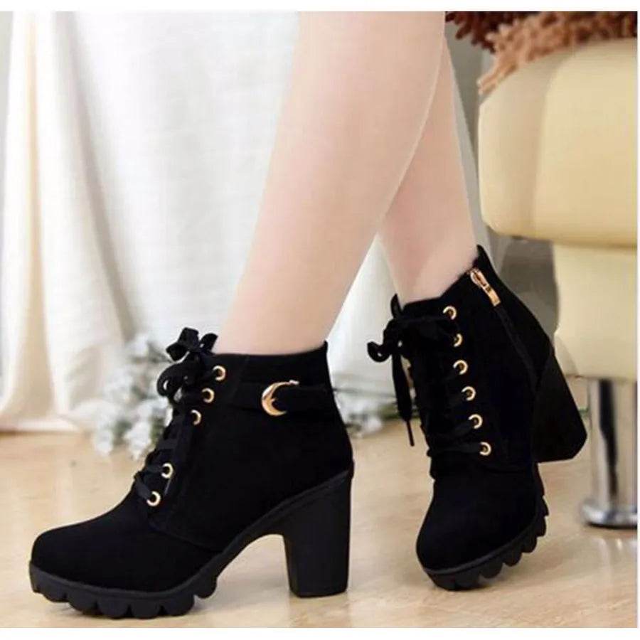 Spring Winter Women Pumps Boots High Quality Lace-up European Ladies Shoes PU High Heels Boots Fast Delivery - Tamnz