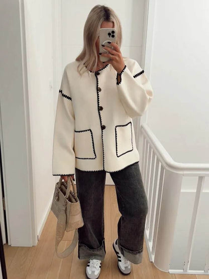 Contrast Single Breasted Women Coat With Scarf Long Sleeve Oversized Loose Tassles Jacket Autumn Winter Fashion Casual Tops - Tamnz