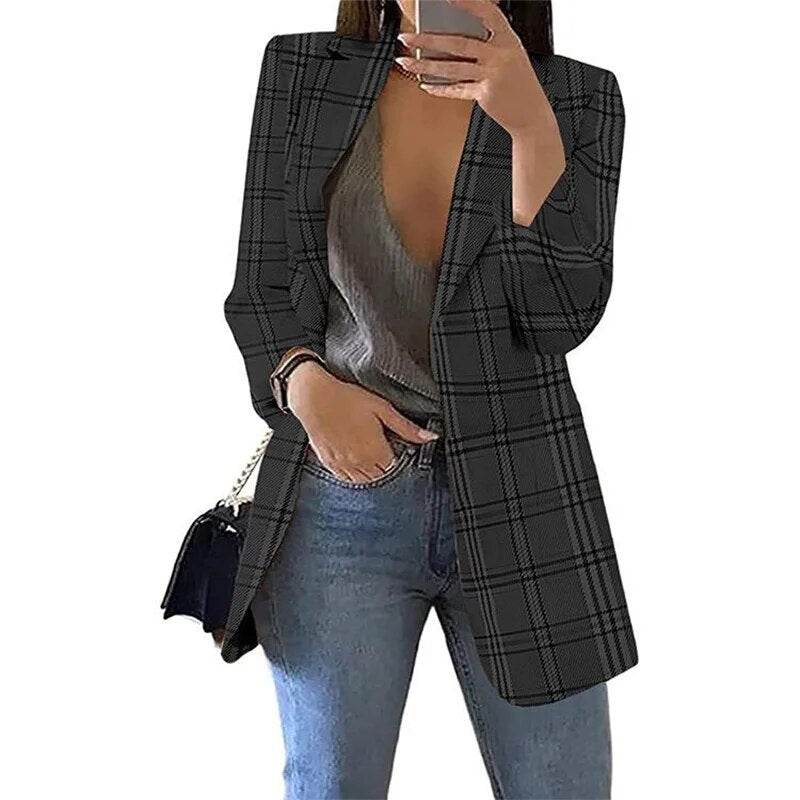 Autumn/Winter Fashion Women's Cardigan Collar Plaid Slim Fit Suit Coat - Tamnz