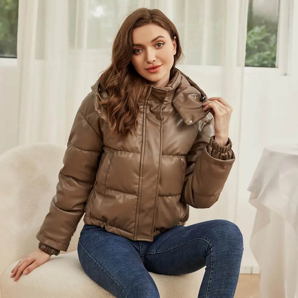 Women Winter Vintage Faux Leather Loose Hooded Pockets Cotton Jackets Fashion Warm Thick PU Parkas Female Outerwear Tops - Tamnz