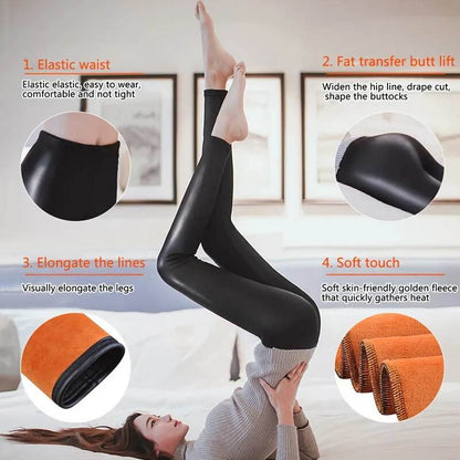 Winter Warm Pu Leather Leggings Women Sexy High Waist Thermal Tights Pants Thick Fleece Slim Black Stretchy Pants Leggings - Tamnz
