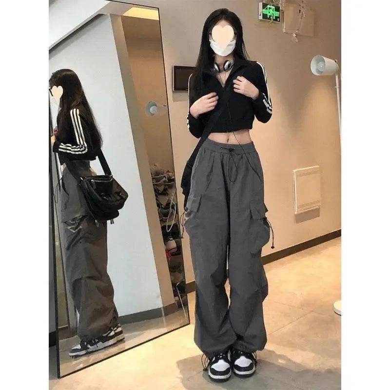 Women Big Pockets Cargo Pants Y2k High Elastic Waist Drawstring Baggy Trousers Vintage Casual Loose Side Zipper Straight Pants - Tamnz