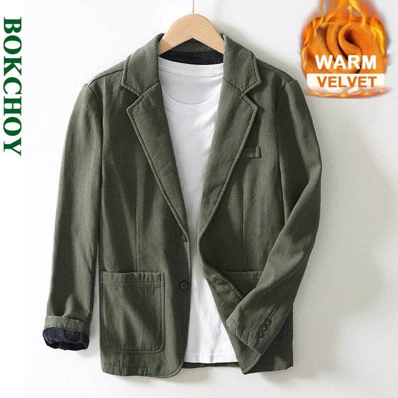 Autumn Winter New Casual Plush and Thickened Warm Suit Jacket for Men Ramie Loose Vintage Blazers for Men BL088 - Tamnz