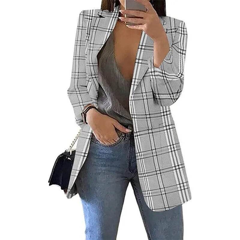 Autumn/Winter Fashion Women's Cardigan Collar Plaid Slim Fit Suit Coat - Tamnz