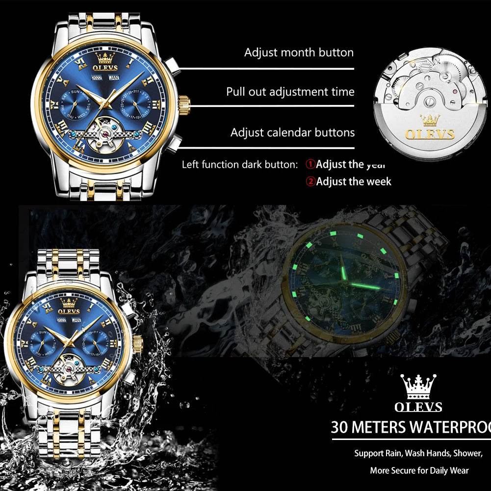 Automatic Mechanical Business Wristwatch Skeleton Calendar Stainless Steel Strap Watch - Tamnz