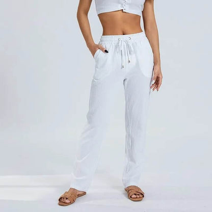 Womens Loose Trousers Casual Solid Color Wide Leg Trousers Drawstring Design Fashion Pants - Tamnz