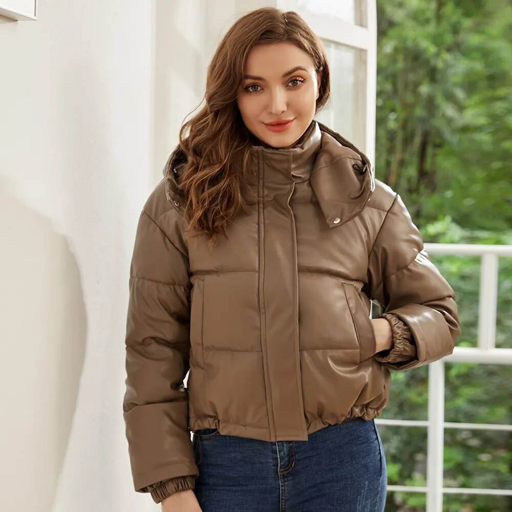 Women Winter Vintage Faux Leather Loose Hooded Pockets Cotton Jackets Fashion Warm Thick PU Parkas Female Outerwear Tops - Tamnz