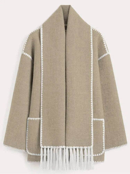 Contrast Single Breasted Women Coat With Scarf Long Sleeve Oversized Loose Tassles Jacket Autumn Winter Fashion Casual Tops - Tamnz