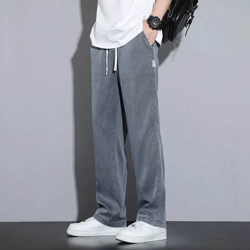 Summer Soft Lyocell Fabric Men's Jeans Thin Loose Straight Pants Drawstring Elastic Waist Korea Casual Trousers Plus Size M-5XL - Tamnz