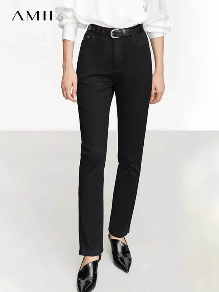 AMII Minimalism 2023 Jeans For Women New Cotton Elastic Denim Bottom Split Waist Pencil Pants Autumn Slim Black Pants 12323099 - Tamnz