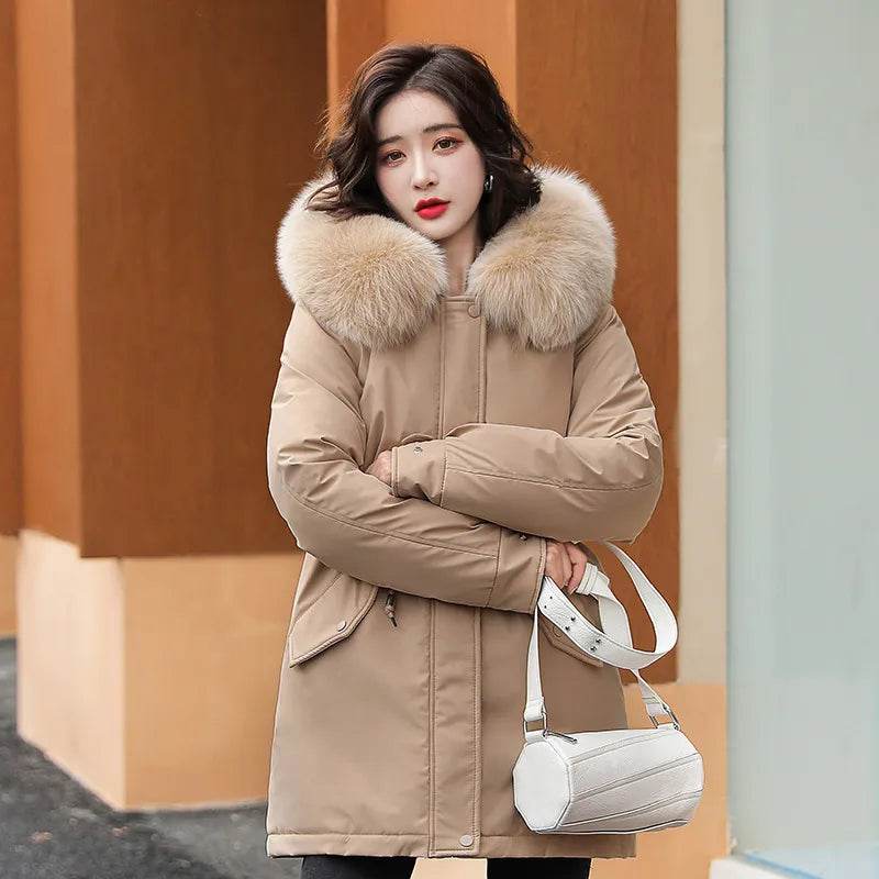 Women Parka Fashion Long Coat Wool Liner Hooded Parkas Winter Jacket Slim with Fur Collar Warm Snow Wear Padded - Tamnz
