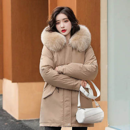 Women Parka Fashion Long Coat Wool Liner Hooded Parkas Winter Jacket Slim with Fur Collar Warm Snow Wear Padded - Tamnz