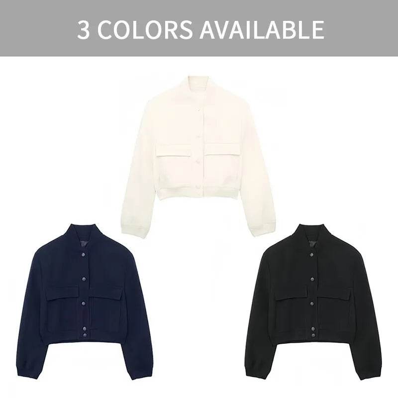 Women Fashion Bomber Jackets with Big Pockets Cropped Spring Amtumn Female Vintage Coat Long Sleeve Front Button Female Outerwea - Tamnz